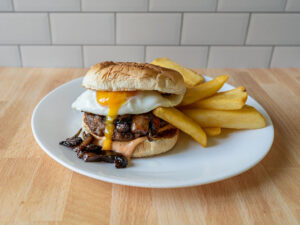 Beyond burger with runny egg