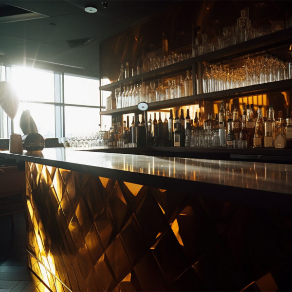 Midjourney, fancy bar counter with liquor bottles, golden light
