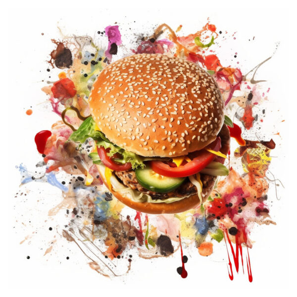 Midjourney, burger in the style of Jackson Pollocl