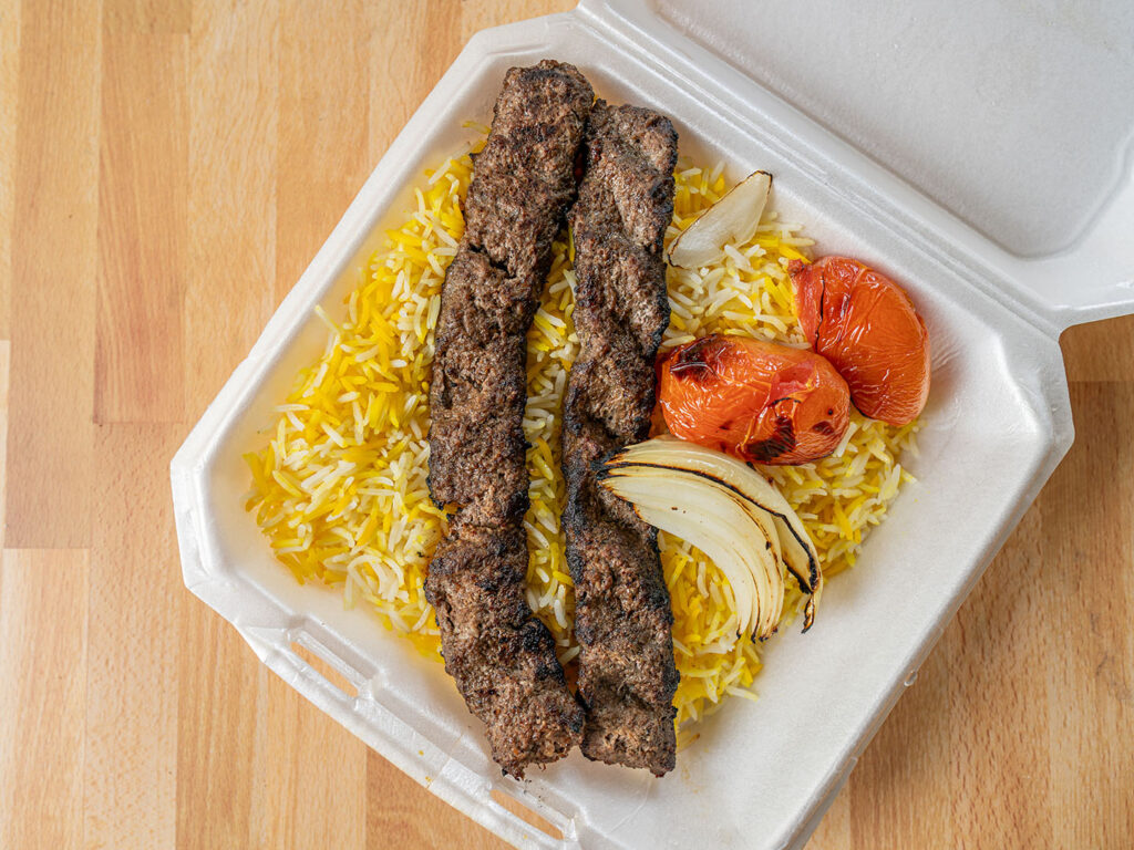 PIta House - ground beef skewers over rice