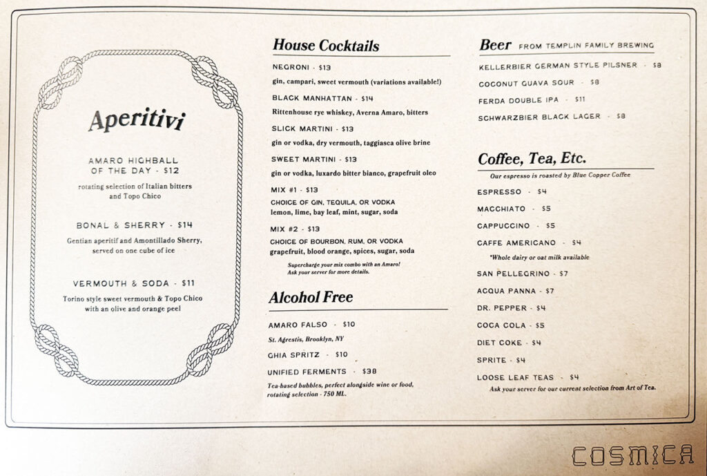 Cosmica menu - drinks (Gastronomic SLC)
