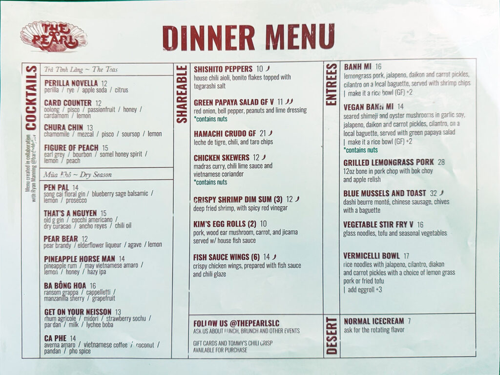 The Pearl - menu early November 2025 (Gastronomic SLC)